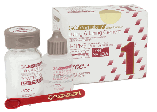 [40446] IONOMERO DE VIDRIO AUTOCURADO PARA CEMENTAR GOLD LABEL 1 UNIDAD 35G POLVO Y 20ML LIQUIDO LIGHT YELLOW GC REF. 002503